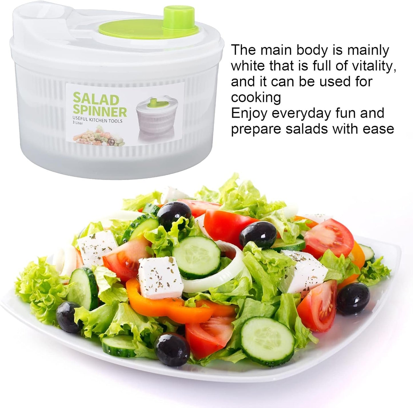 Salad Spinner, Large 3L Fruits and Vegetables Dryer Vegetable Washer Dryer Plastic Salad Drainer with Bowl Colander for Kitchen Faster Food Prep,