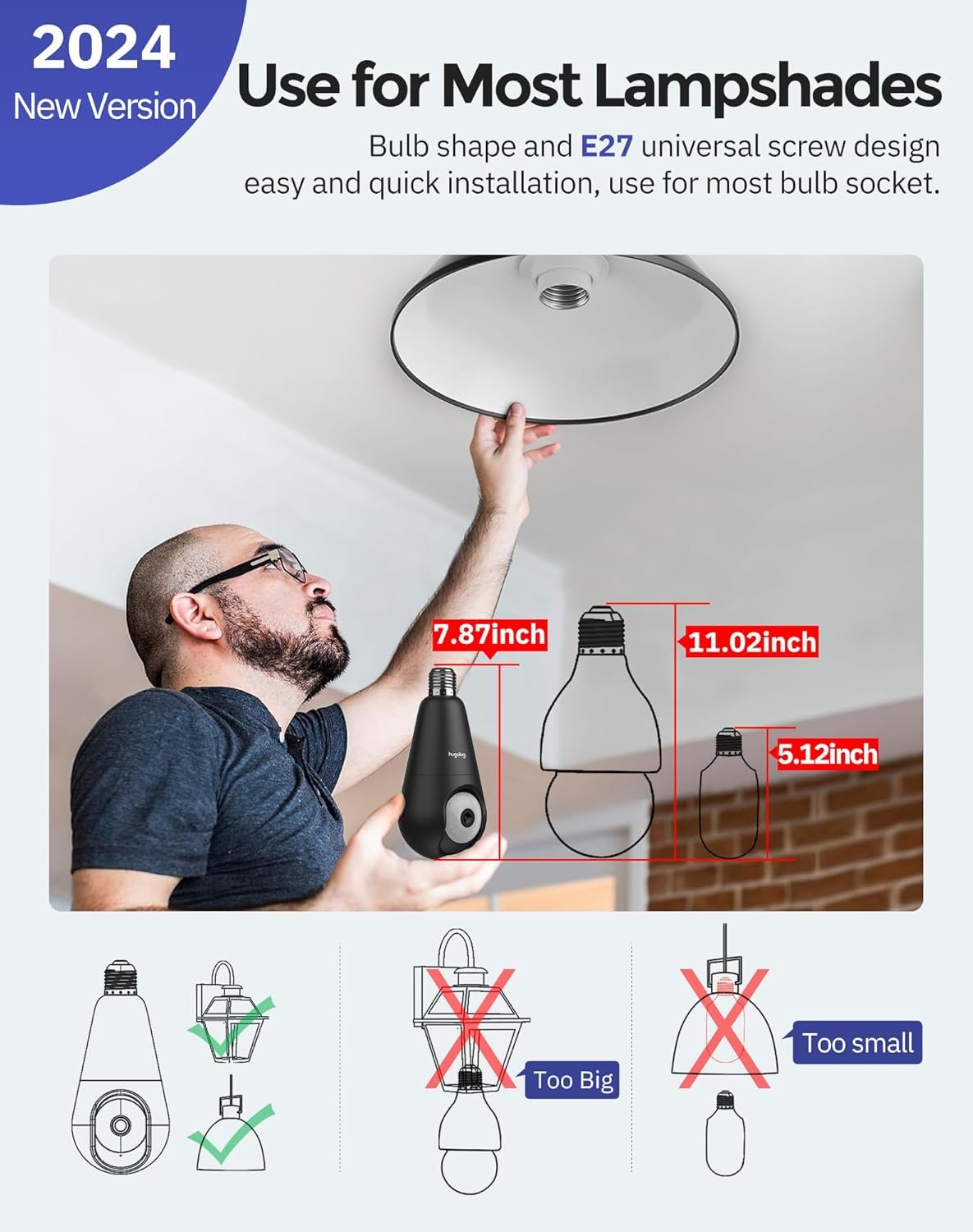 Hugolog 2K 3MP Light Bulb Security Camera 5G& 2.4GHz WiFi, 360° Wireless Outdoor Indoor Camera for Home, Motion Detection, Two-Way Talk, Color Night Vision, Siren Alarm, Compatible with Alexa