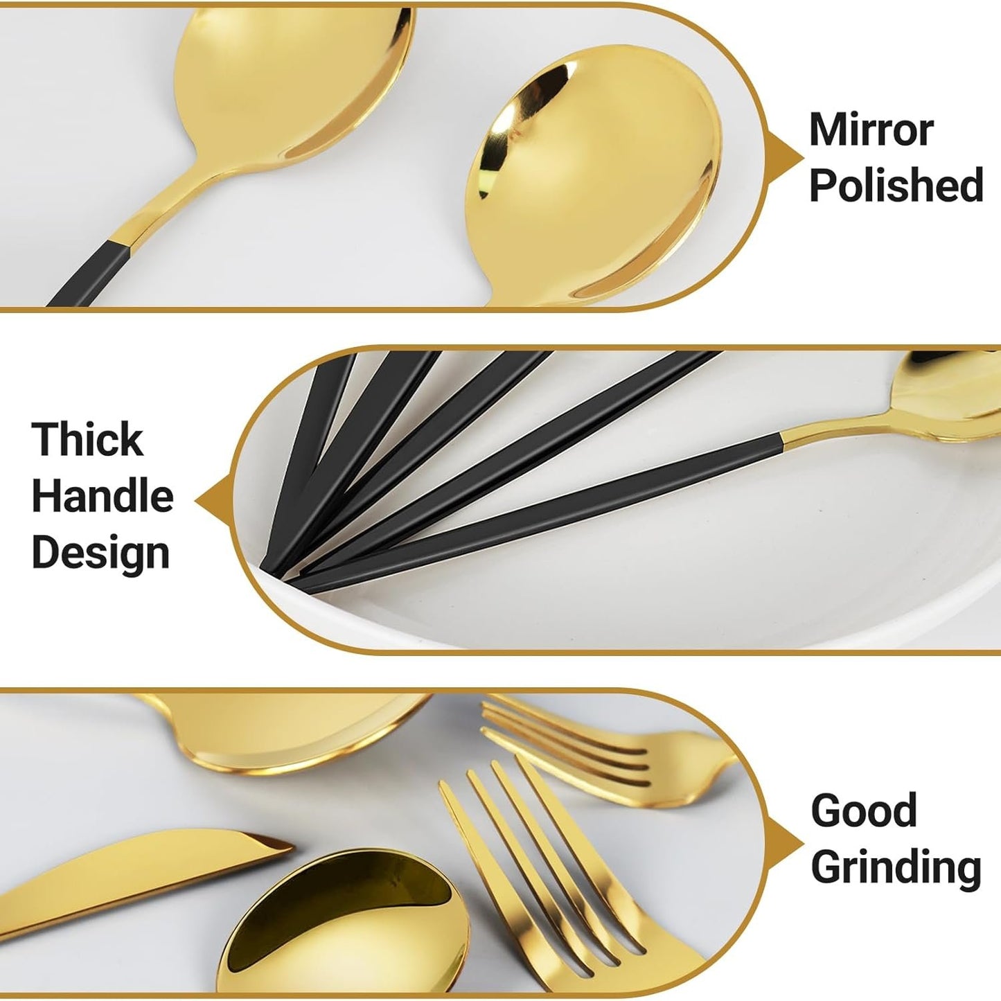 Silverware Sets for 30, Quable 30-Piece Black & Gold Cutlery Set, Stainless Steel Kitchen Utensil Set Service for 6, Including Knife, Fork, Spoon, Mirror Polished, Utensil Sets for Kitchen, Home