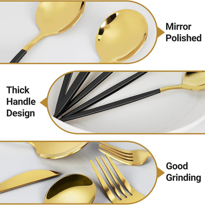 Silverware Sets for 30, Quable 30-Piece Black & Gold Cutlery Set, Stainless Steel Kitchen Utensil Set Service for 6, Including Knife, Fork, Spoon, Mirror Polished, Utensil Sets for Kitchen, Home