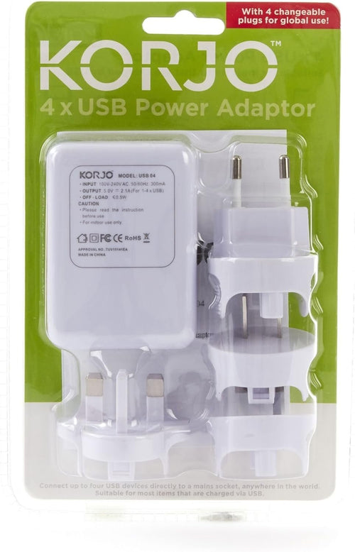 Korjo USB Power Hub, Interchangeable for EU, UK, USA, AU, 4 USB Sockets