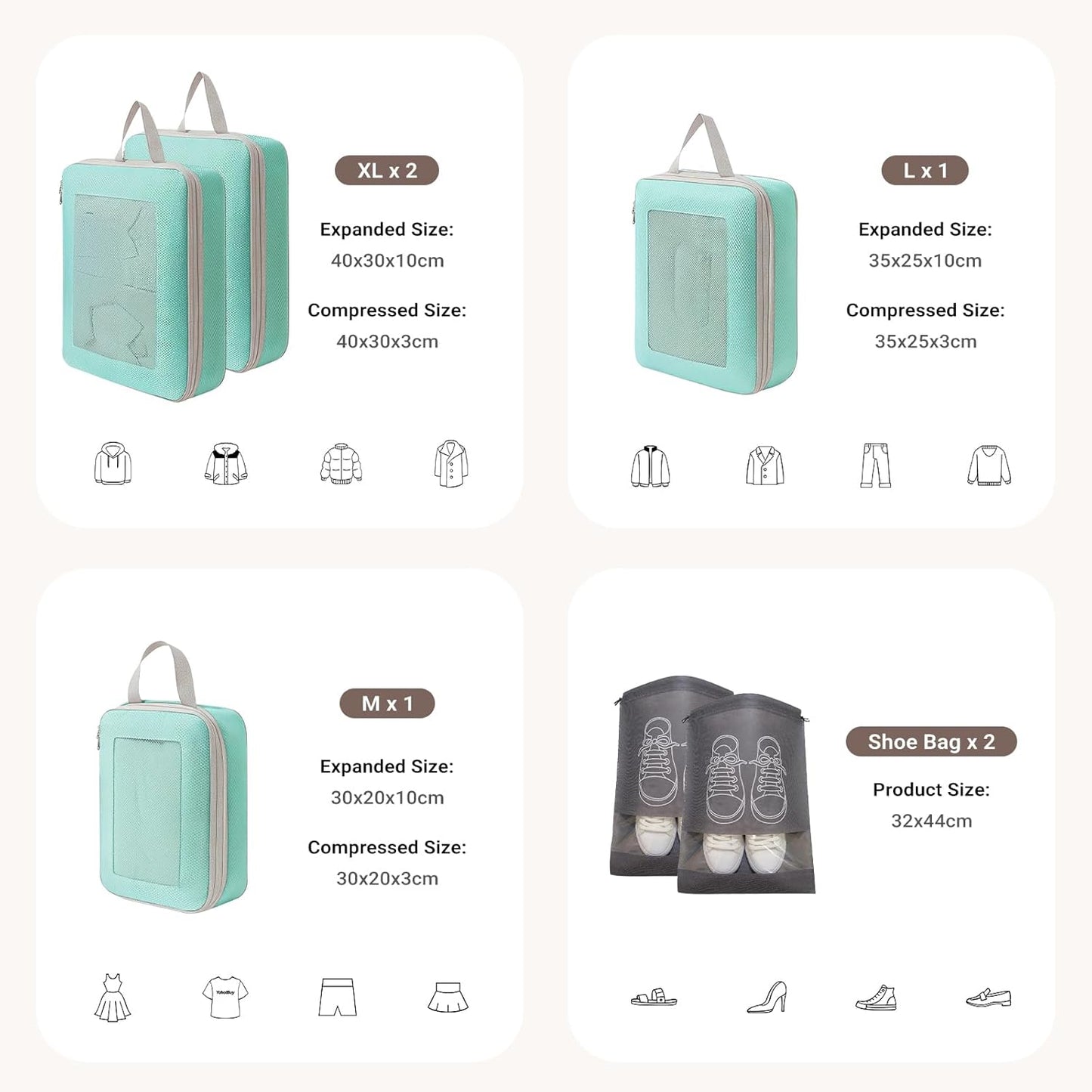 8 Set Lightweight Compression Packing Cubes Travel Organizer for Carry-On Luggage Suitcase Backpack, Space-Saving Luggage Organizer Bags with Extra Shoe Bags, Lake Blue