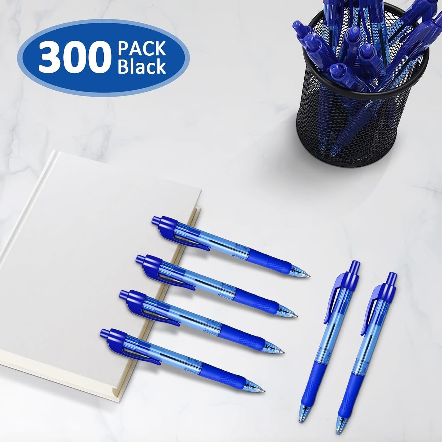 300 Pack Rollerball Pens, Retractable Ballpoint Pens with Grips for Smooth Writing, Gel Ink Pen for Office School Note Taking Class Drawing Art Stationery Supply (1.0mm Tip, Blue Ink)