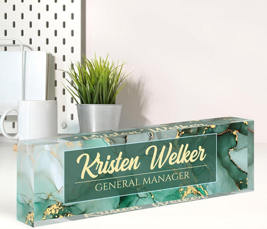 Name Plate for Desk, Personalized Green Office Decor, Acrylic Desktop Accessories, Gifts for Boss, Nurse, Teacher, Coworker, Employee Appreciation (Green Coast)