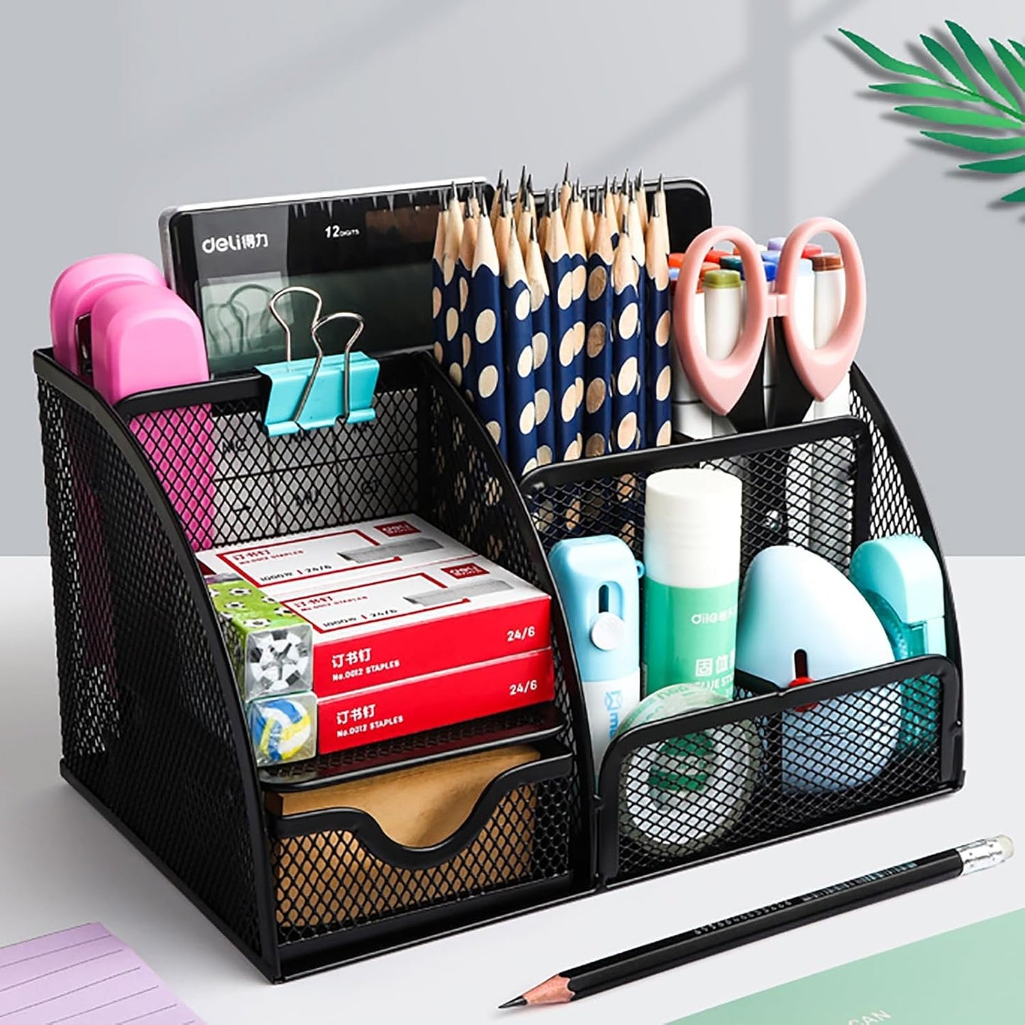 Desk Organizer with Drawer and Compartments, Small Mesh Office Desk Accessories Supplies, Metal Black Stationary Pencil Pen Holder for desk organizers and storage (Black)
