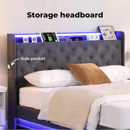 Levede Double Bed Frame,Fabric Upholstered Bed Base with Gas Lift Storage, RGB LED Lights, USB Charging,Headboard,Under Bed Storage Space, Easy Assembly, Bedroom Furniture