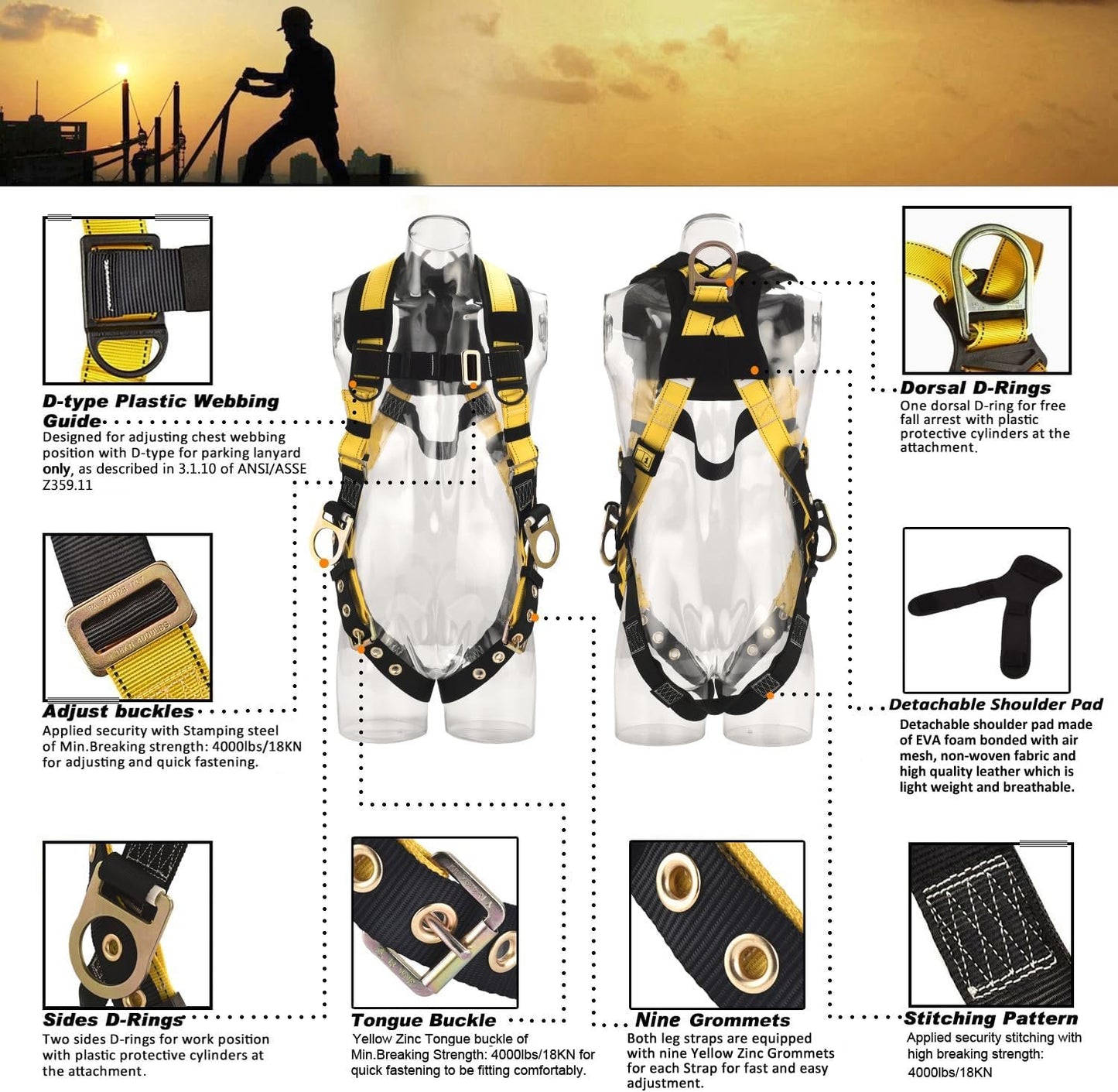 WELKFORDER 3D-Rings Industrial Fall Protection Safety Harness With Leg Tongue Buckles | Shoulder Pad Support ANSI＆CSA Compliant Full Body Personal Protection Equipment