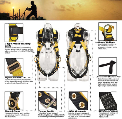 WELKFORDER 3D-Rings Industrial Fall Protection Safety Harness With Leg Tongue Buckles | Shoulder Pad Support ANSI＆CSA Compliant Full Body Personal Protection Equipment