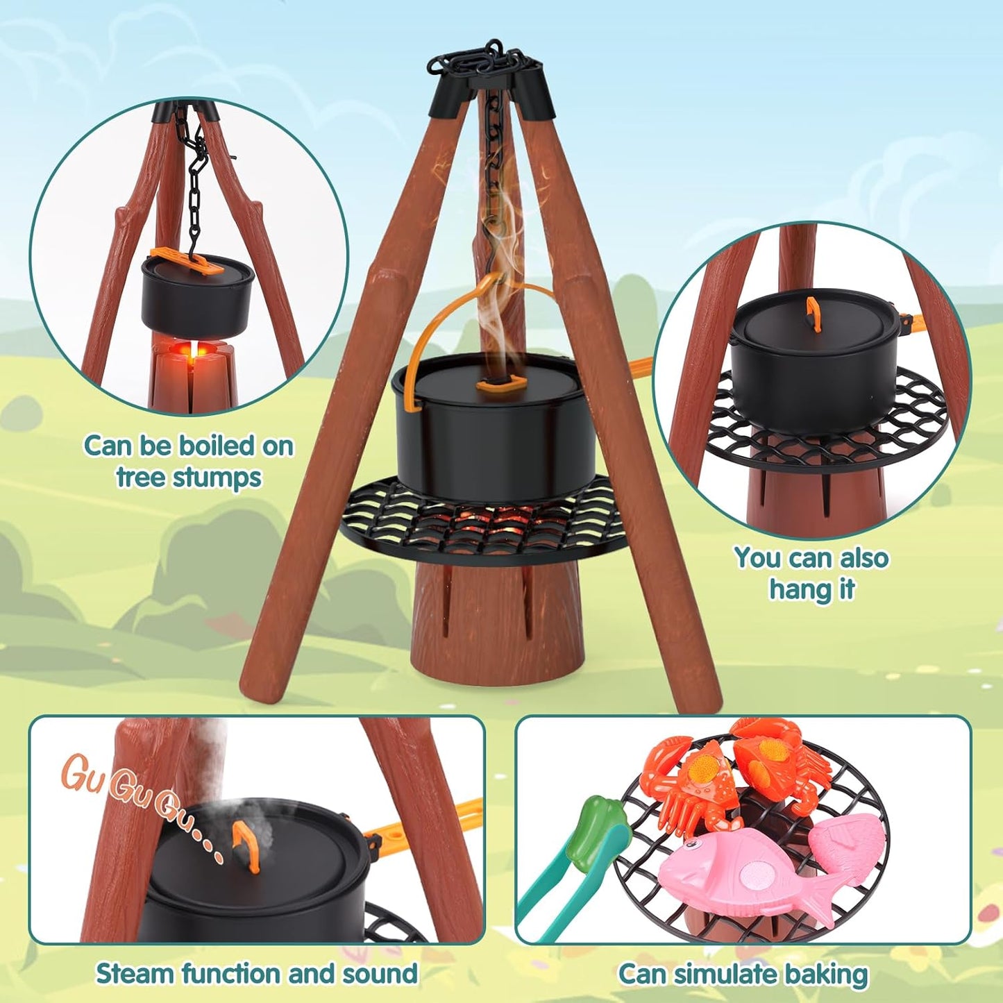 REMOKING Kids Camping Gear Set,28 PCS Camping Tool Pretend Role Play Toys with Play Tent/Campfire/Telescope/Whistle/Fruits Toys,Indoor Outdoor Game for Toddler Kids Boys Girls Age 3 4 5 6 7 8