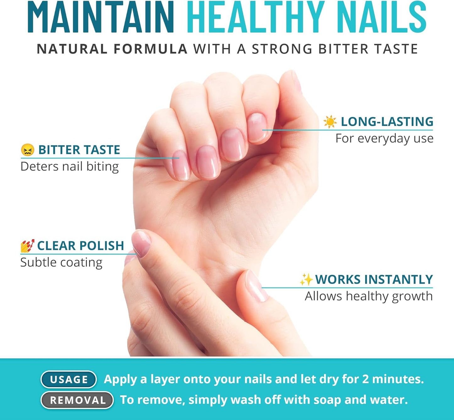 Stop Nail Biting Treatment - Clear, Bitter-Tasting Nail Polish To Stop Nail-Biting - Easy To Apply and Safe For Children - Nail Strengthener Solution - Nail Care for Healthy Nail Growth (0.5 fl oz)