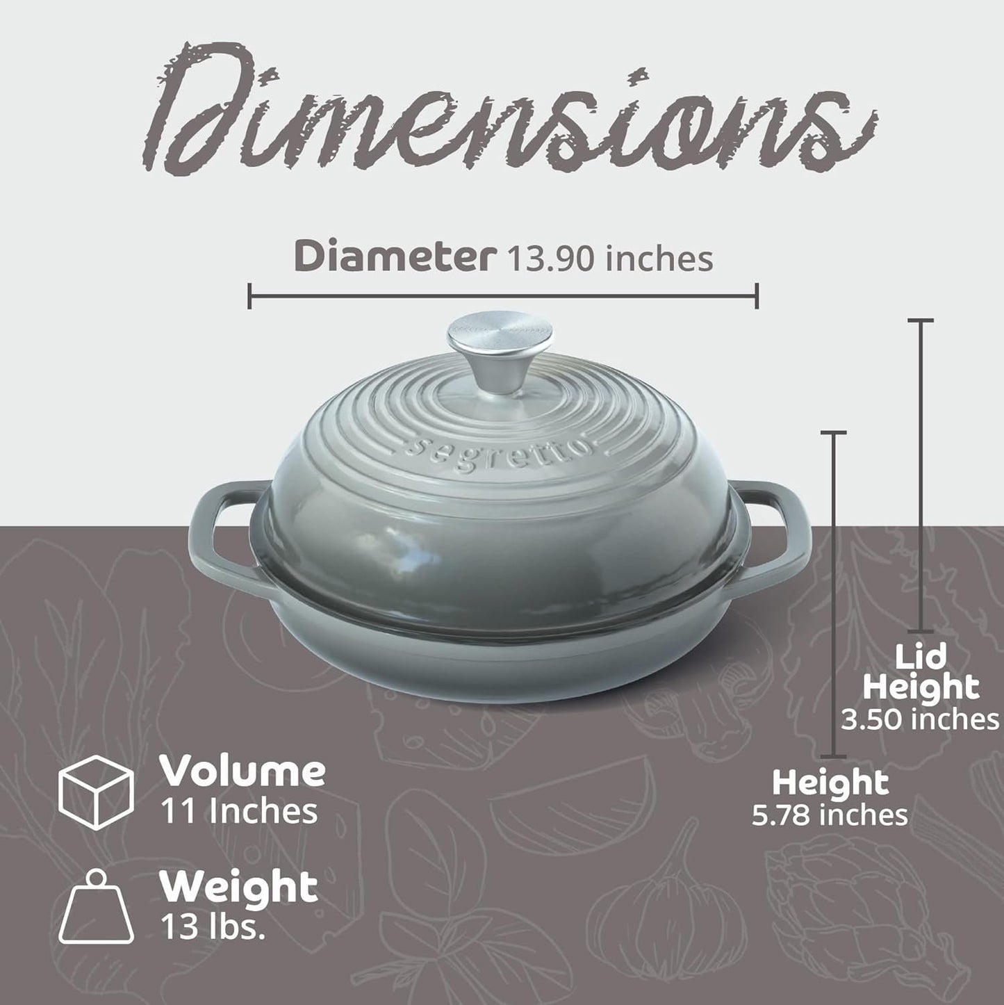 Segretto Cookware Enameled Cast Iron Bread Pan with Lid, 11” Grigio Scuro (Gray) Bread Oven Cast Iron Sourdough Baking Pan, Dutch Oven for Bread