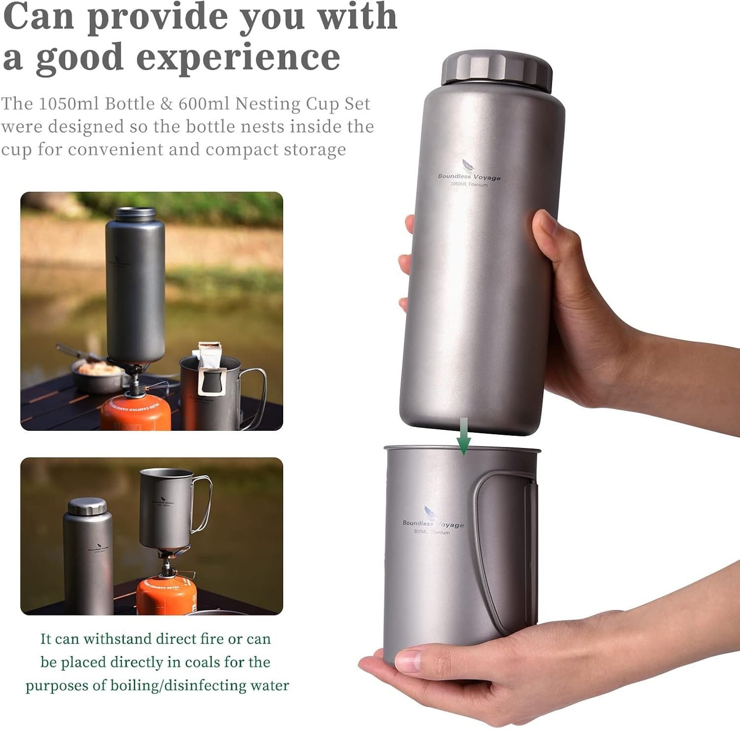 Boundless Voyage Titanium 1050ml Water Bottle with Nesting 600ml Cup Mug Lightweight Portable Drinkware for Outdoor Camping Hiking Backpacking (Bottle+Cup Set)