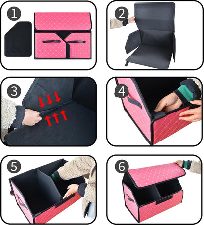car organizers and storage for SUV,trunk organizer for sedan, leather foldable sleek box with lid,collapsible cargo bins, tool accessories containers,Pink women (17.71 inch)