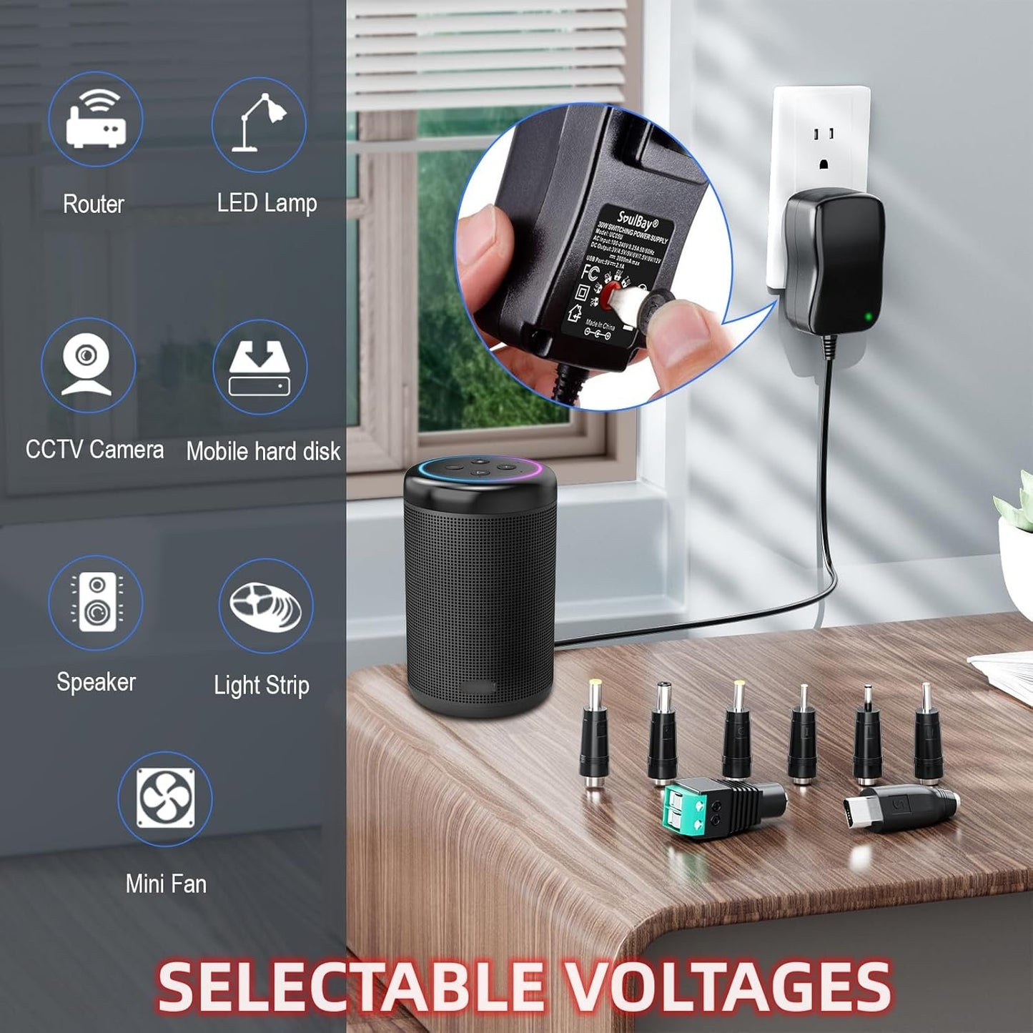 SoulBay 12V Power Supply Universal AC DC Adapter Charger with Adjustable Output 5V 9V 3V 6V 4.5V 7.5V 12 Volt 1A 1.5A 2A for LED Strip Light CCTV Camera BT Speaker GPS Webcam Router, 5 FT Cord, 30W