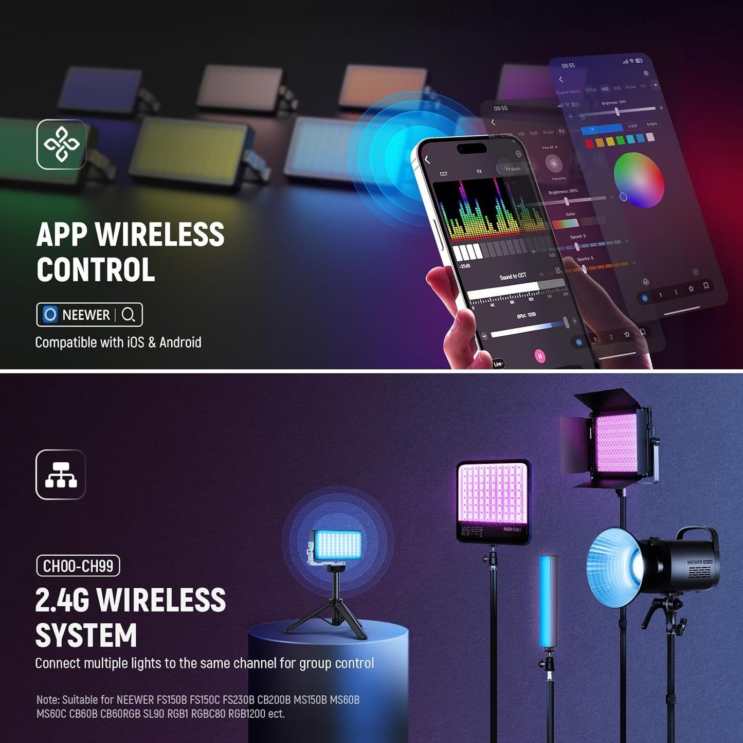 NEEWER 12W RGB Video Light, On Camera LED Panel Key Lighting for Streaming Selfie, 2500K-10000K CRI97+ App/2.4G Control 4300mAh Battery Desk Tripod Stand for Vlogging Video Recording Podcast, SL90
