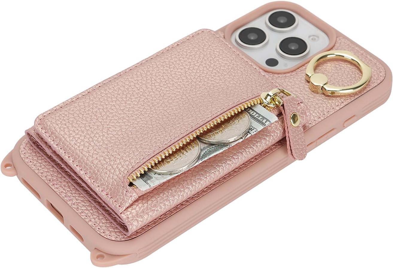 Cavor Crossbody Wallet for iPhone 16 Pro Max Leather Case for iPhone16pro Max Case 6.9'' Flip Cover Card Slots with 360°Rotation Ring Holder Kickstand & Long Shoulder Lanyard Strap-Rose