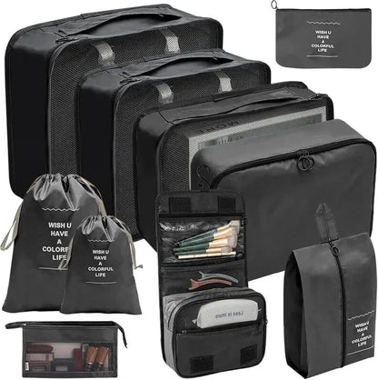 Janmobrian Organizer Valigia,Packing Cubes 7/10 PCS Set Travel Organizer Storage Bags Suitcase Packing Cubes Cases Portable Wardrobe Luggage Clothes Shoe Pouch Fold(7pcs Black)
