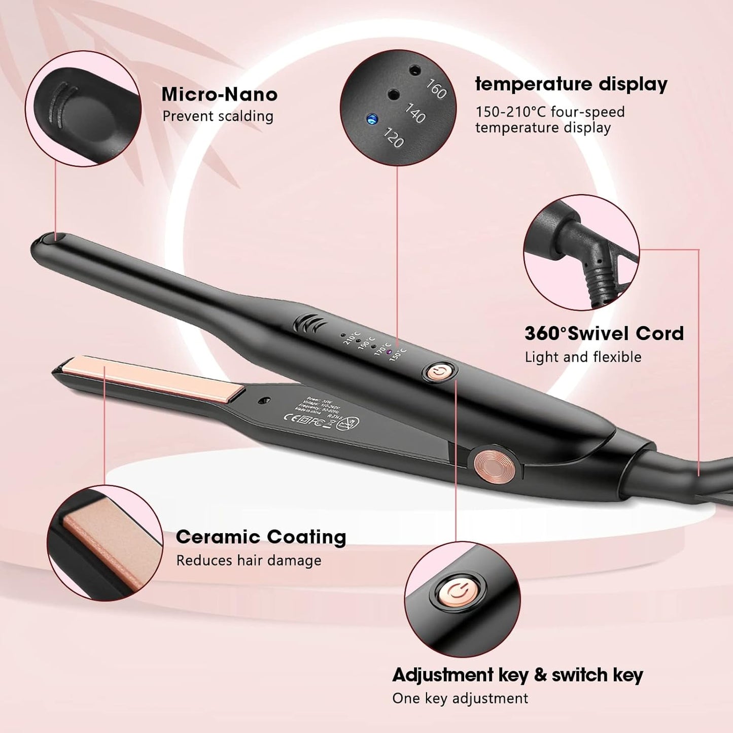 HyAdierTech 2in1 Mini Ceramic Short Hair Straighteners, Mini Straightener for Short Hair, Portable, Adjustable Temperature 150℃-210℃, Dual Tension, Suitable for Men and Women, Black