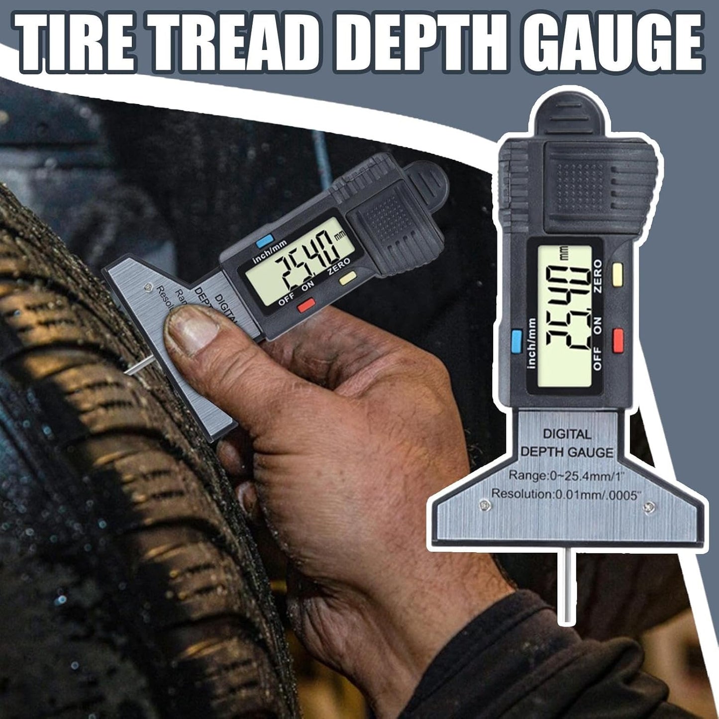 Tire Tread Depth Gauge, Digital Tire Wear Checker, 0–25.4mm Measuring Range, 0.01mm Resolution, Handheld Tool, for Car, Motorcycle Maintenance, Safety Inspections