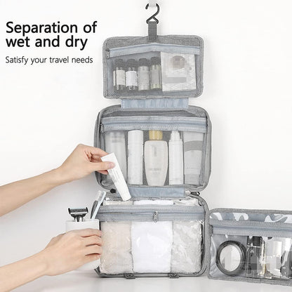 Hanging Toiletry Travel Makeup Bag with Hanging Hook, Large Capacity Makeup Traveling Organizer Portable Cosmetic Bag, Waterproof Multifunctional Wash Bag for Women Travel Camping Outdoor (Grey)