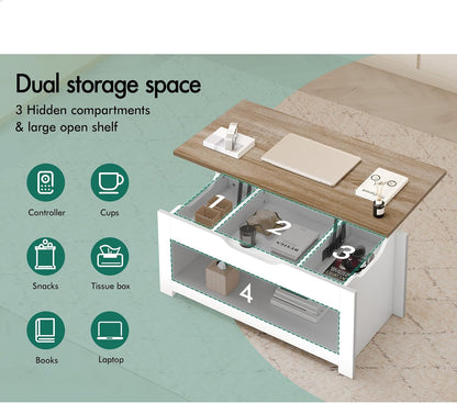 ALFORDSON Multifunctional Lift-Top Coffee Center Table Wood White Color, Dining Table for Living Room, Office, Reception & Dining, Featuring Rising Tabletop Surface, Hidden Compartment & Open Shelf