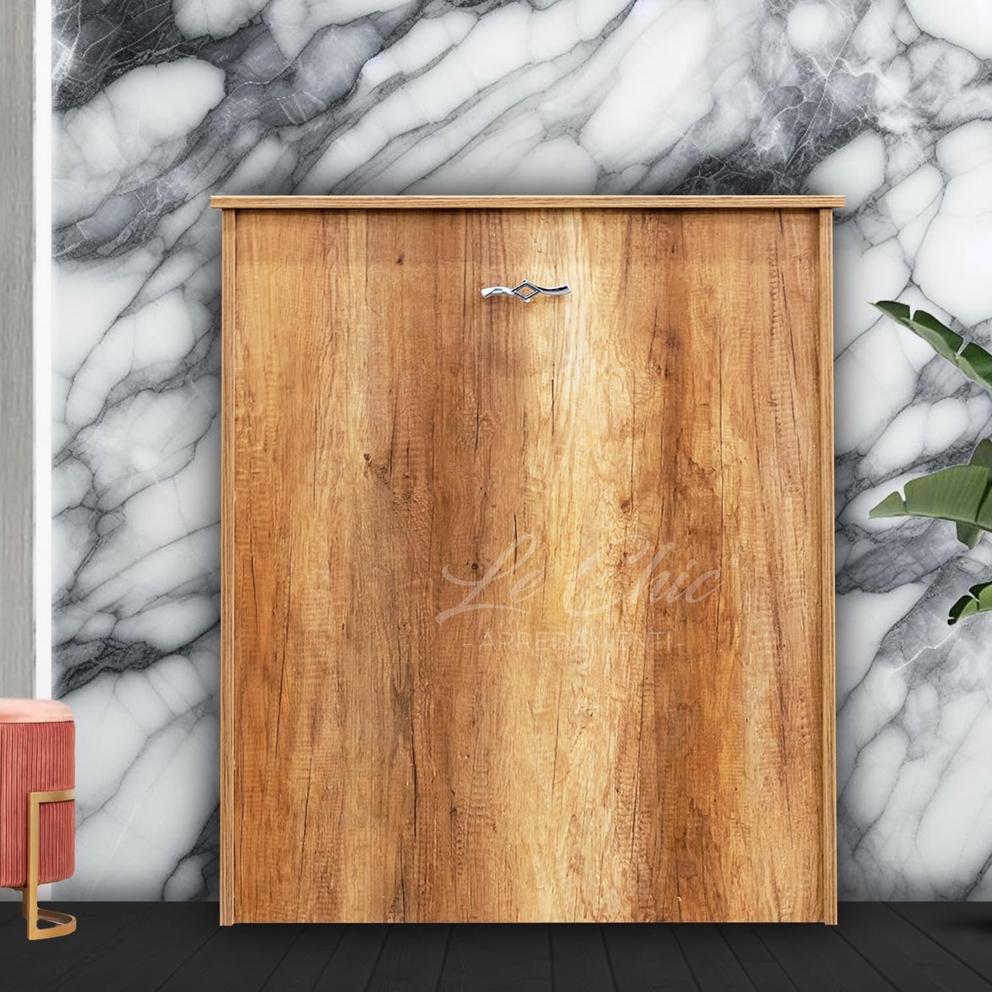 LE CHIC ARREDAMENTI Concealed Single Bed Cabinet, High Density Mattress H 10 cm, Includes Orthopaedic Slatted Base, Roll-In Structure with Wheels, Tobacco Oak Finish