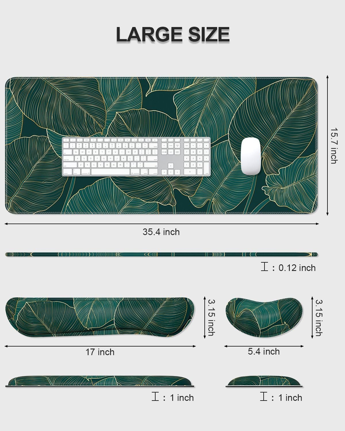 Auhoahsil Large Mouse Pad with Wrist Support Set of 3, Memory Foam Keyboard Rest + XXL Extended Gaming Pad, Ergonomic Desk for Women Men, Teal Beach Palm Tree Leaves, XX-Large