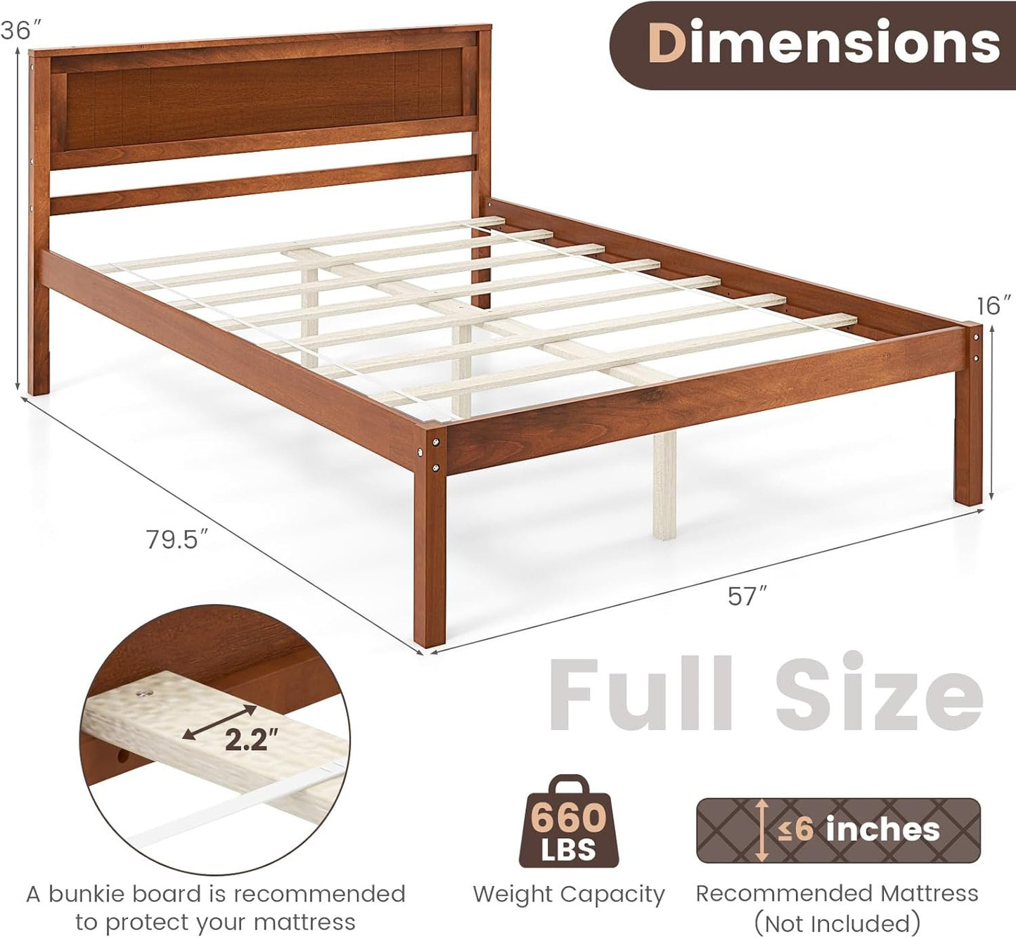 KOMFOTT Full Size Wood Platform Bed Frame with Headboard, Solid Wood Bed Frame with Slat Support, Under Bed Storage, 16” Mattress Foundation Bedroom Furniture, No Box Spring Needed (Walnut)