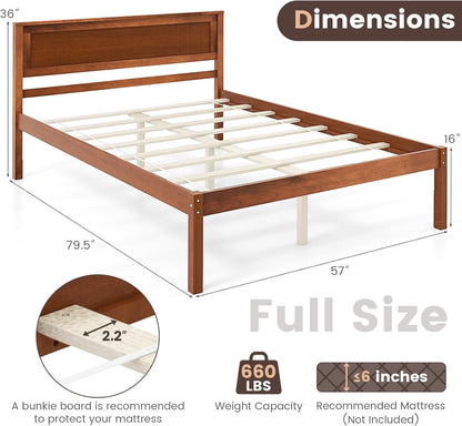 KOMFOTT Full Size Wood Platform Bed Frame with Headboard, Solid Wood Bed Frame with Slat Support, Under Bed Storage, 16” Mattress Foundation Bedroom Furniture, No Box Spring Needed (Walnut)