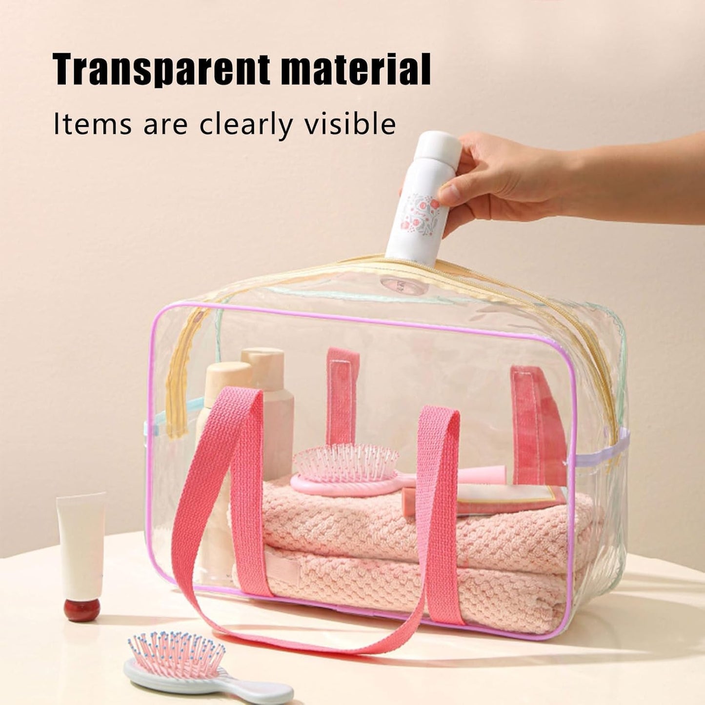 Clear Makeup Bag, Portable Airplane Cosmetic Pouch, Water Resistant Zipper Toiletry Organizer, Travel Case for Airport, Gym, School, Work, Beach, 7.87 x 3.15 x 4.33 inches, Transparent