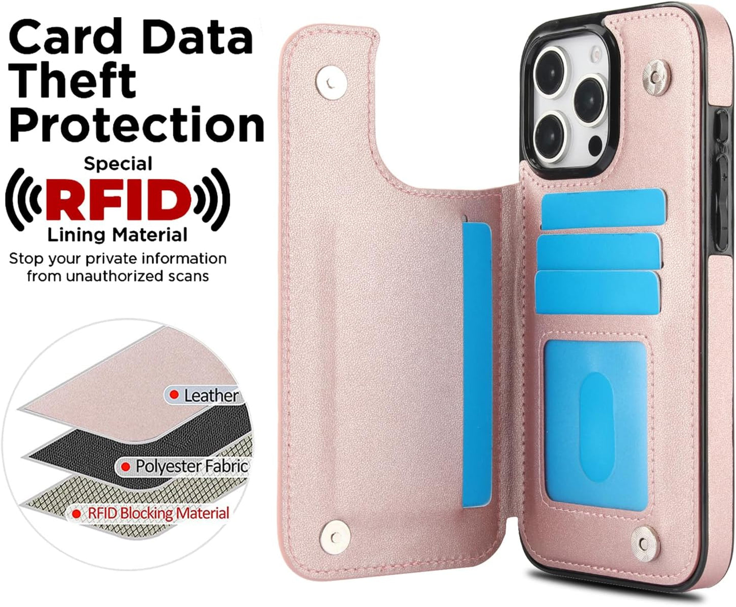 ELEPIK for iPhone 16 Pro Case, Wallet Case with Kickstand, [3 Card Holders] [Military Drop Protection] Durable PU Leather Magnetic Slim Wallet Phone Case for iPhone 16 Pro, Pink