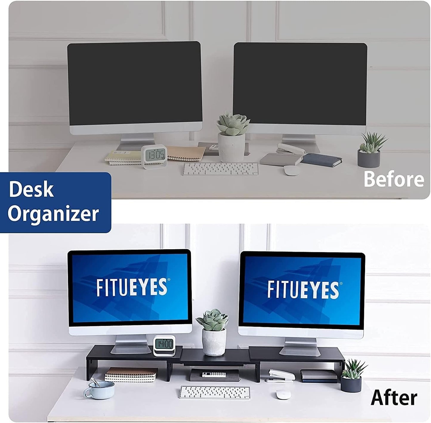 FITUEYES Dual Monitor Stand - 3 Shelf Computer Monitor Riser, Wood Desktop Stand with Adjustable Length and Angle, Desk Accessories, Office Supplies Medium Black,DT108001WB