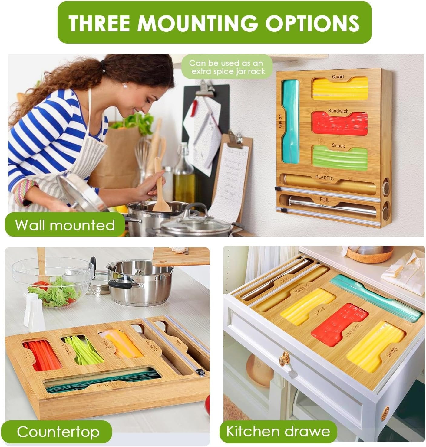 Bag Storage 6 IN 1 Foil and Plastic Wrap Organizer for Kitchen Drawer, Plastic Wrap Dispenser with Cutter, 100% bamboo foil and plastic wrap organizer,bag organizer for Drawer Gallon, Quart