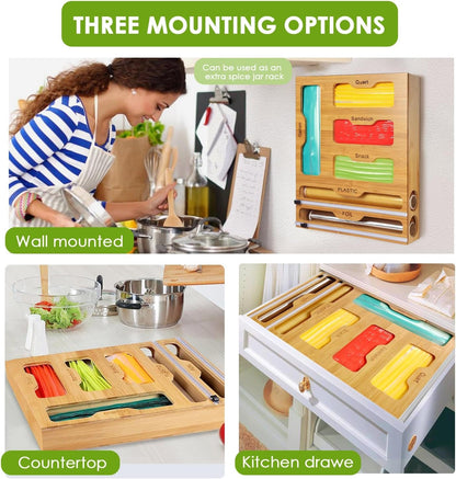 Bag Storage 6 IN 1 Foil and Plastic Wrap Organizer for Kitchen Drawer, Plastic Wrap Dispenser with Cutter, 100% bamboo foil and plastic wrap organizer,bag organizer for Drawer Gallon, Quart