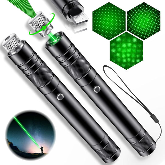 Powerful Green Rechargeable Flashlight, 2* Pack High Power Tactical Flashlight with Adjustable Focus, Long Distance Range Led Flashlight for Night Astronomy Outdoor Camping, Ideal Box for Man Boy