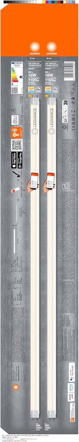 LEDVANCE Smart LED Tube with WiFi Technology for G13 Socket, Matte Look, Daylight White (6500K), 1100 Lumens, Replacement for Conventional 18W Bulbs, Smart Dimmable, Pack of 1