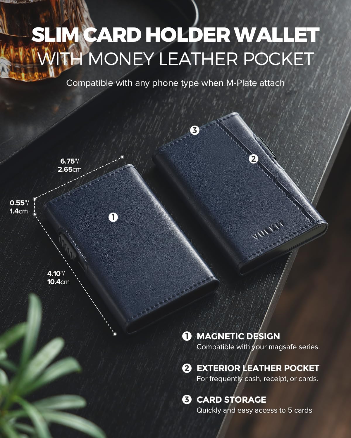 VULKIT Magnetic Wallet Card Holder Phone Card Holders Slim Leather Pop Up Case NFC/RFID Blocking, Compatible with iPhone 16/15/14/13/12 Series Navy