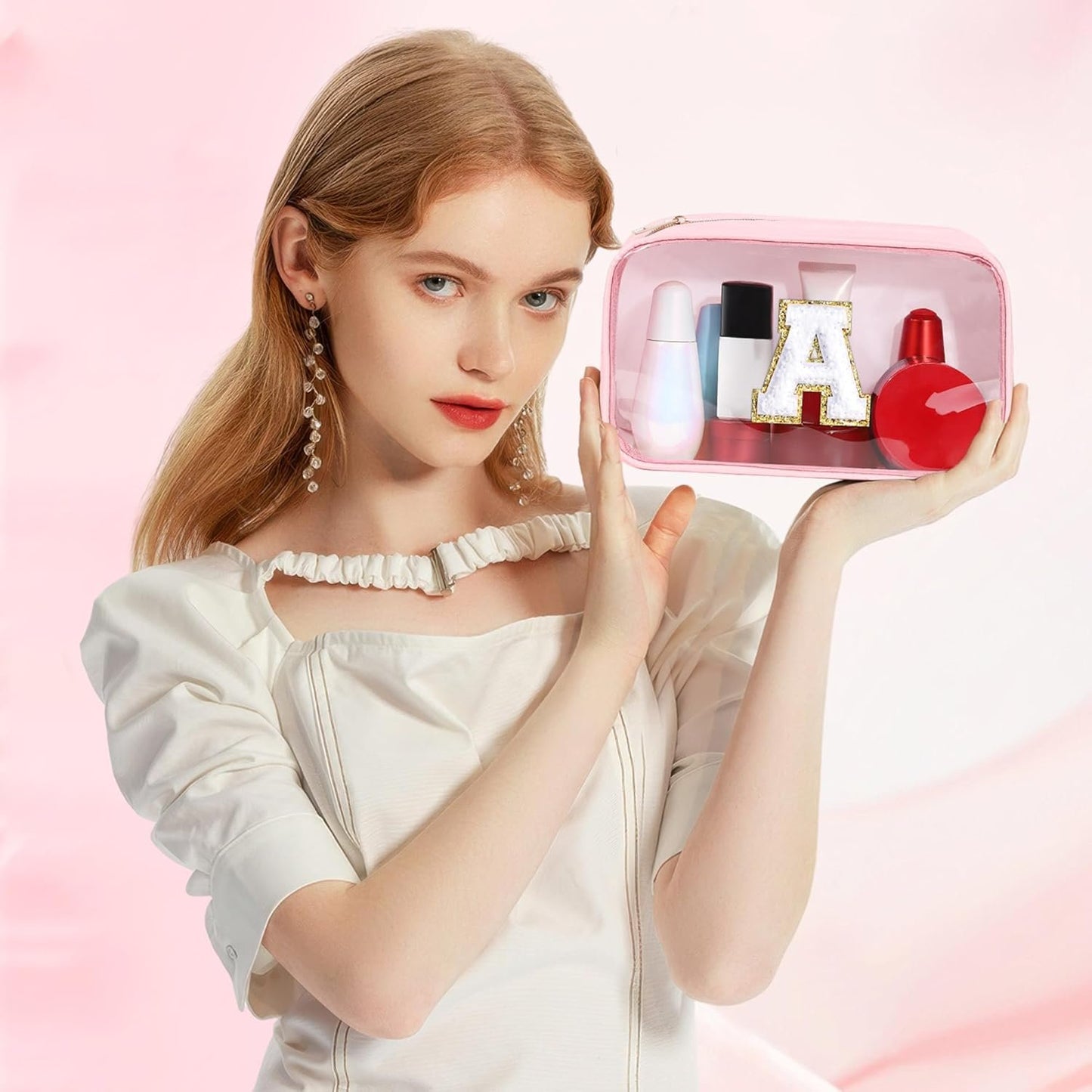 SEFORICO Initial Clear Makeup Bag - Make Up Bag Travel Toiletry Case Preppy Cosmetic Bags Organizer Gifts for Women Valentines Day Brithday Gift Mom Girl Gifts Clear Toiletry Bag (Pink A)