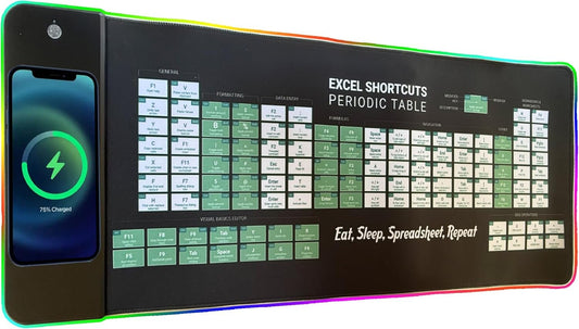 Excel Shortcuts Mouse Pad with Wireless Charging & RGB Lights â€“ Large Non-Slip Mouse Mat with Excel Keyboard Shortcuts, 15 W Wireless Charger & Colourful LED Lighting for Office & Home