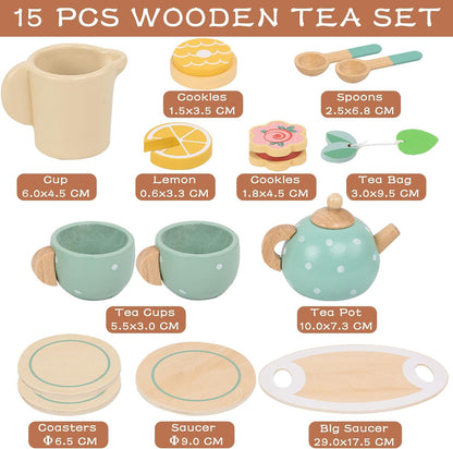 YUNCHY Tea Party Set for Kids Wooden Tea Set for Little Girl and Boy, Toddler Food Pretend Play Accessories Kitchen Playset Wooden Toys 3 4 5 Year Old Girl Christmas Birthday Gift