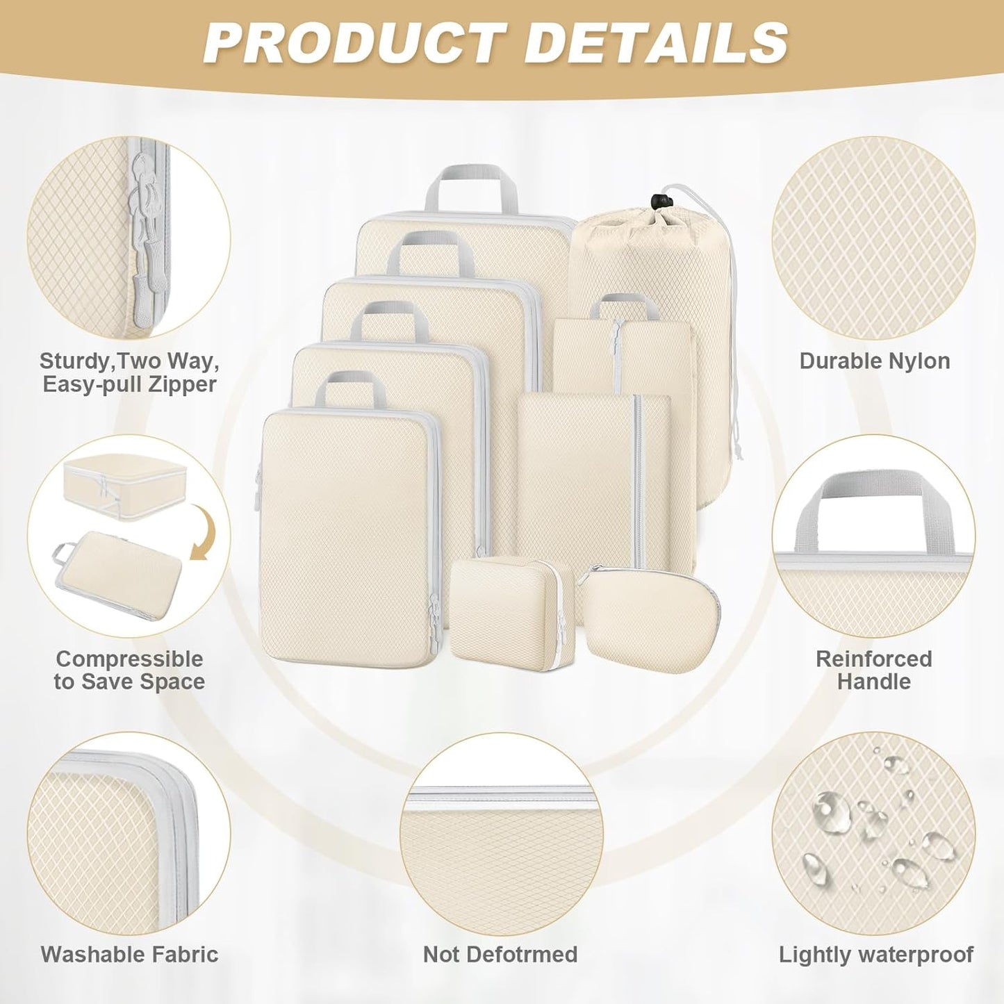 MUUKAIII Luggage Organizer, Set of 8 Compression Packing Cubes, Space-Saving Travel Organizer, Travel Suitcase Organizer, Backpack, Travel Organizer for Clothes Makeup, Beige