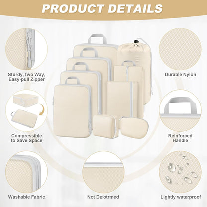 MUUKAIII Luggage Organizer, Set of 8 Compression Packing Cubes, Space-Saving Travel Organizer, Travel Suitcase Organizer, Backpack, Travel Organizer for Clothes Makeup, Beige