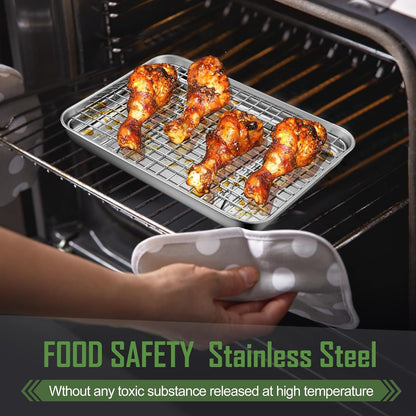 10.4 Inch Baking Pan with Rack Set, Joyfair Stainless Steel Rectangular Toaster Oven Cookie Pan with Cooling Rack, Professional Bakeware, Extra Thick & Rolled Rim, Dishwasher Safe