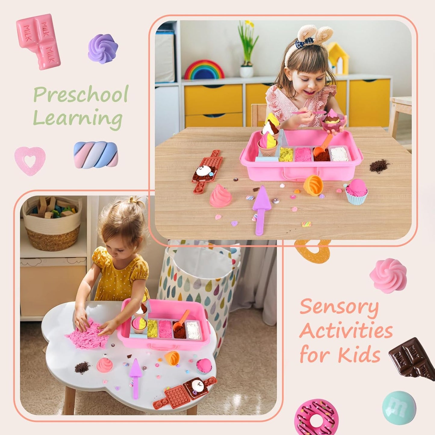 Ice Cream Toys Play Sand for Kids - Sensory Bin, 34pcs Ice Cream Shop Playset Sand Box 2LBS Moon Sand,Fine Motor Skills Activities Kids Sensory Toys for Girls 3 4 5 6 7 8 Year and Up