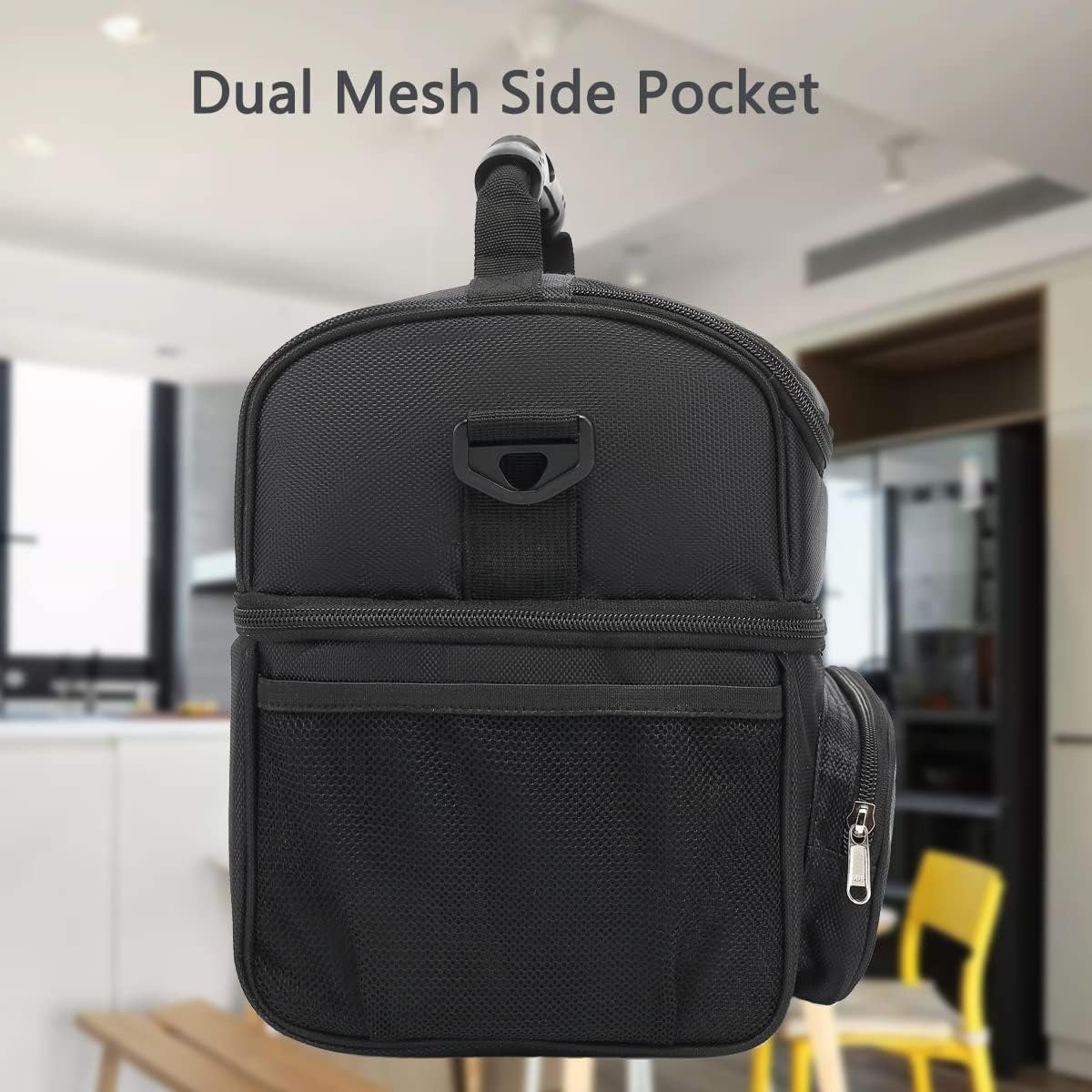 FlowFly Insulated Lunch Bag Adult Lunch Box Large Tote Double Layer Cooler for Men, Women, with Adjustable Strap,Front Pocket and Mesh Side Pockets,Black