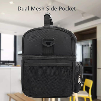 FlowFly Insulated Lunch Bag Adult Lunch Box Large Tote Double Layer Cooler for Men, Women, with Adjustable Strap,Front Pocket and Mesh Side Pockets,Black