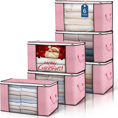90 L Large Storage Bags 6 Pack Clothes Storage Bins Foldable Closet Organizer Storage Containers Storage and Organization for Blanket Comforters Bed Sheets Pillows (Pink)