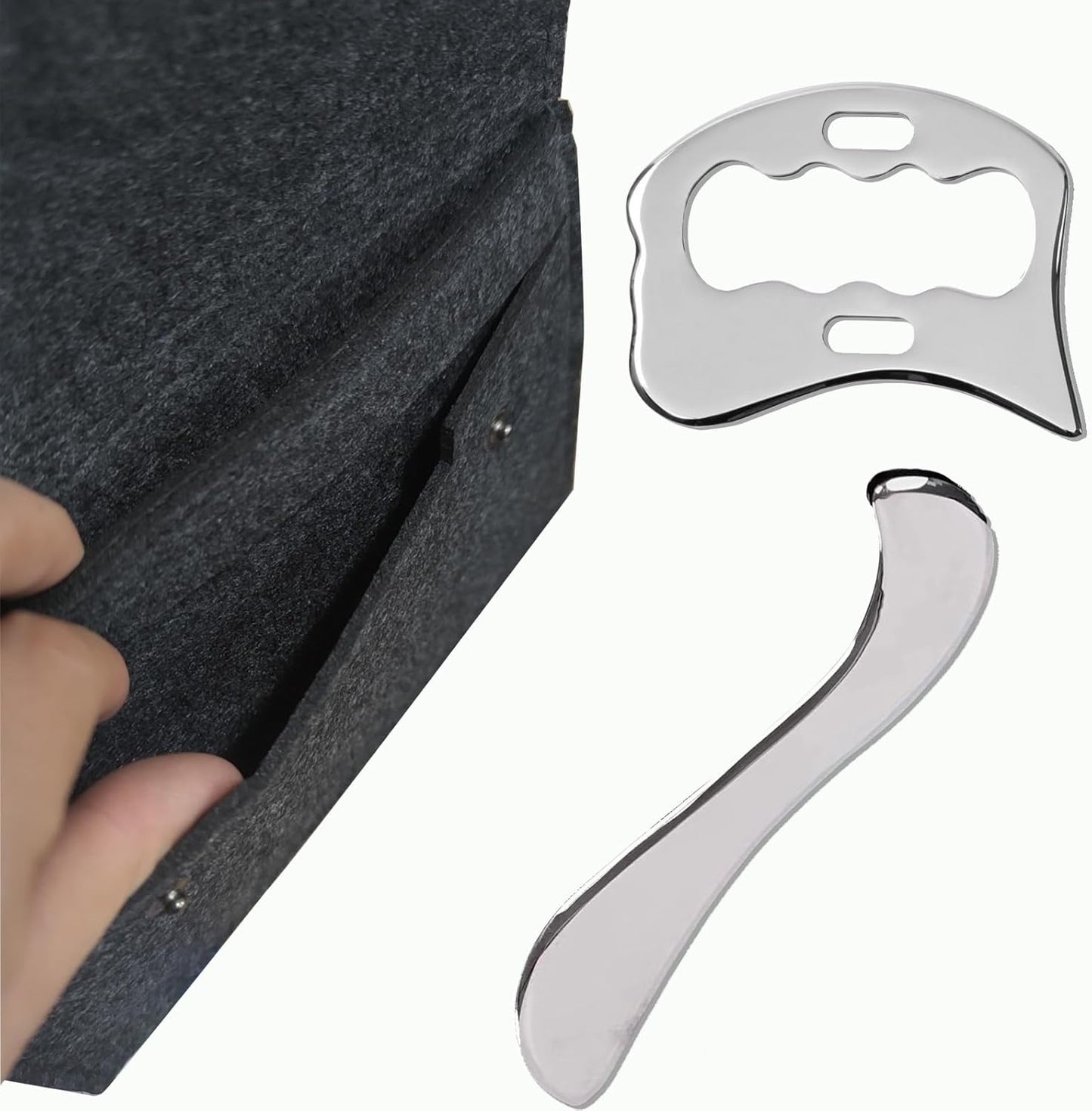 Generic 2-Piece Gua Sha Tool, 304 Stainless Steel Massage Tool, Scraper for Muscle Soft Tissue Mobilization, Back, Leg, Arm, Neck, with Pouch