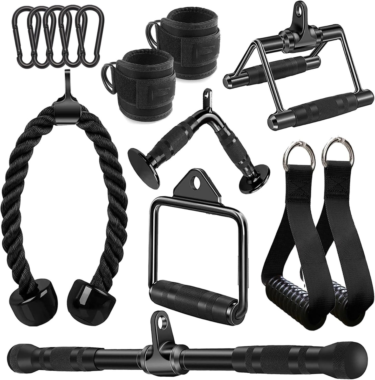 WNOEY Cable Machine Accessories, Cable Rowing Machine Handle Attachments, LAT Pull Down Attachment. Multi-Option: Double D Handle, V-Shaped Bar, Tricep Rope, Rotating Straight Bar
