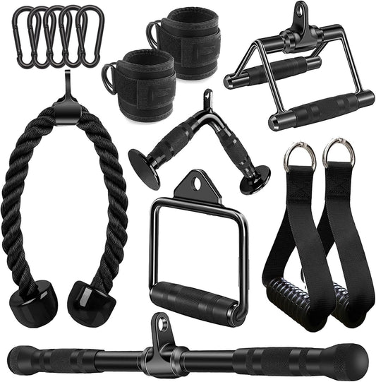 WNOEY Cable Machine Accessories, Cable Rowing Machine Handle Attachments, LAT Pull Down Attachment. Multi-Option: Double D Handle, V-Shaped Bar, Tricep Rope, Rotating Straight Bar